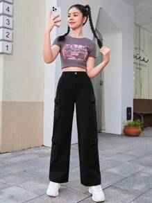 SHEIN 少女三層口式口袋側面插袋裝扣牛仔褲 - 黑色 - 查看 3