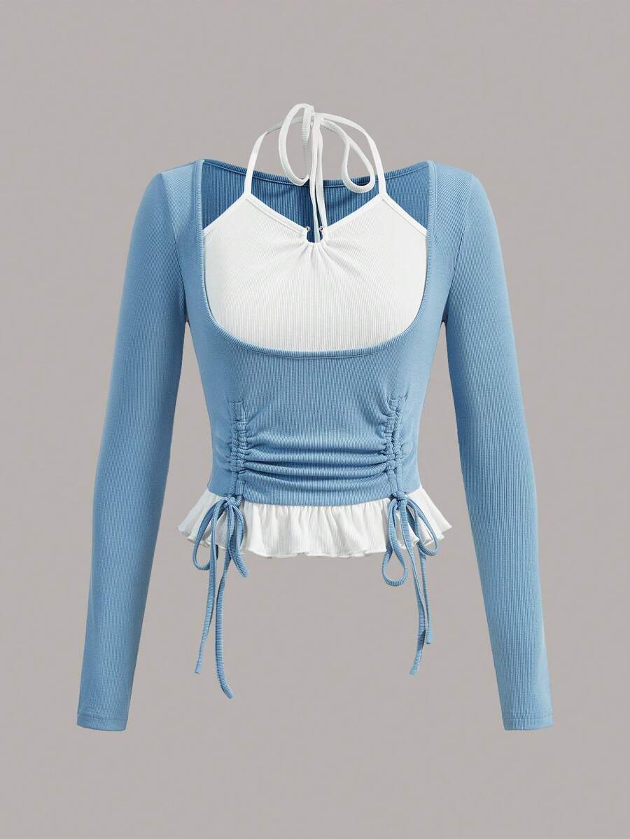 SHEIN MOD Hai âm Dây rút Xù Hoa Sen Áo thun - Xanh và trắng - Xem 1