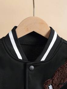 Tween Boy Bear Embroidery Striped Trim Drop Shoulder Varsity Jacket Without Sweatshirt - Black - View 5