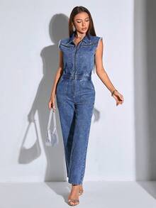 SHEIN BAE 翻蓋口袋拉鏈開襟牛仔連身褲 - 中等水洗藍 - 查看 4