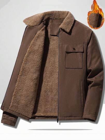 Manfinity Homme Men's Ultra-Oversized Flap Pocket Teddy Thermal Lined Zipper Front Jacket, Going Out Warm Long Sleeve Jacket, For Friends, Husband, Boyfriend Gifts, Winter, Brown Jacket, Outerwear, For Fall