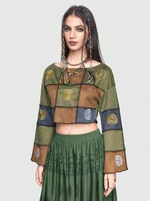 ROMWE Hippie Đồ họa khối màu In Áo phông Crop - Nhiều màu - Xem 7