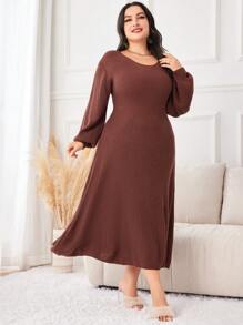 Mulvari Plus Lantern Sleeve Sweater Dress Fall Cloth For Women - Chocolate Brown - View 3