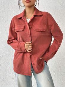 SHEIN Essnce Drop Shoulder Frill Flap Detail Corduroy Coat - Redwood - View 1