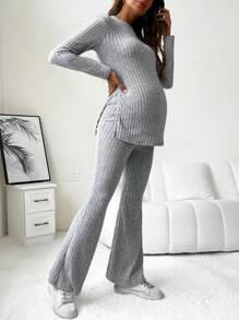 SHEIN Maternity Ribbed Knit Split Hem Tee & Adjustable Waist Flare Leg Pants - Grey - View 3