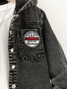 Young Boy Letter Patched Dual Pocket Denim Jacket Without Tee - Black - View 5