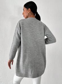 EURMUSE Dual Pocket Drop Shoulder Open Front Cardigan - Grey - View 2
