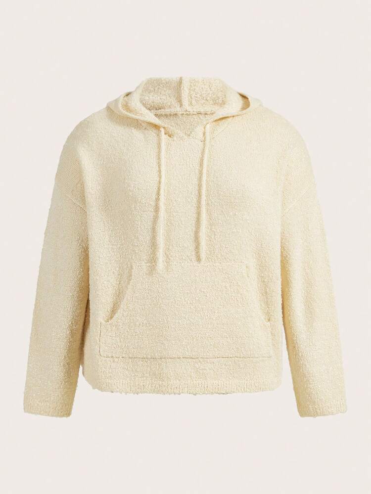 Plus Kangaroo Pocket Drop Shoulder Drawstring Hooded Sweater