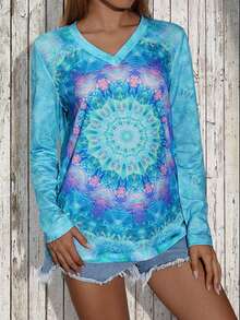 SHEIN Unity 紮染 V 領T恤 - 藍色 - 查看 4