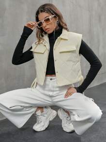 Flirla Drawstring Side Flap Detail Quilted Vest Padded Coat Clothes Winter - Beige - View 5