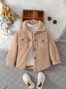 SHEIN 女小童1入組翻蓋口袋落肩袖絨毛外套 - 卡其色 - 查看 1