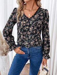 SHEIN Frenchy Floral Print Guipure Lace Insert Blouse - Multicolor - View 2