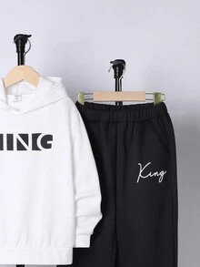 SHEIN Áo hoodie và quần thể thao họa tiết chữ Tween Boy - trắng - Xem 3