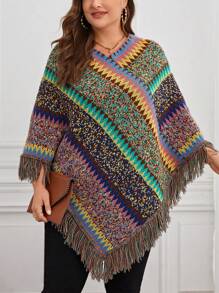 SHEIN LUNE 大碼段染流蘇邊斗篷毛衣
