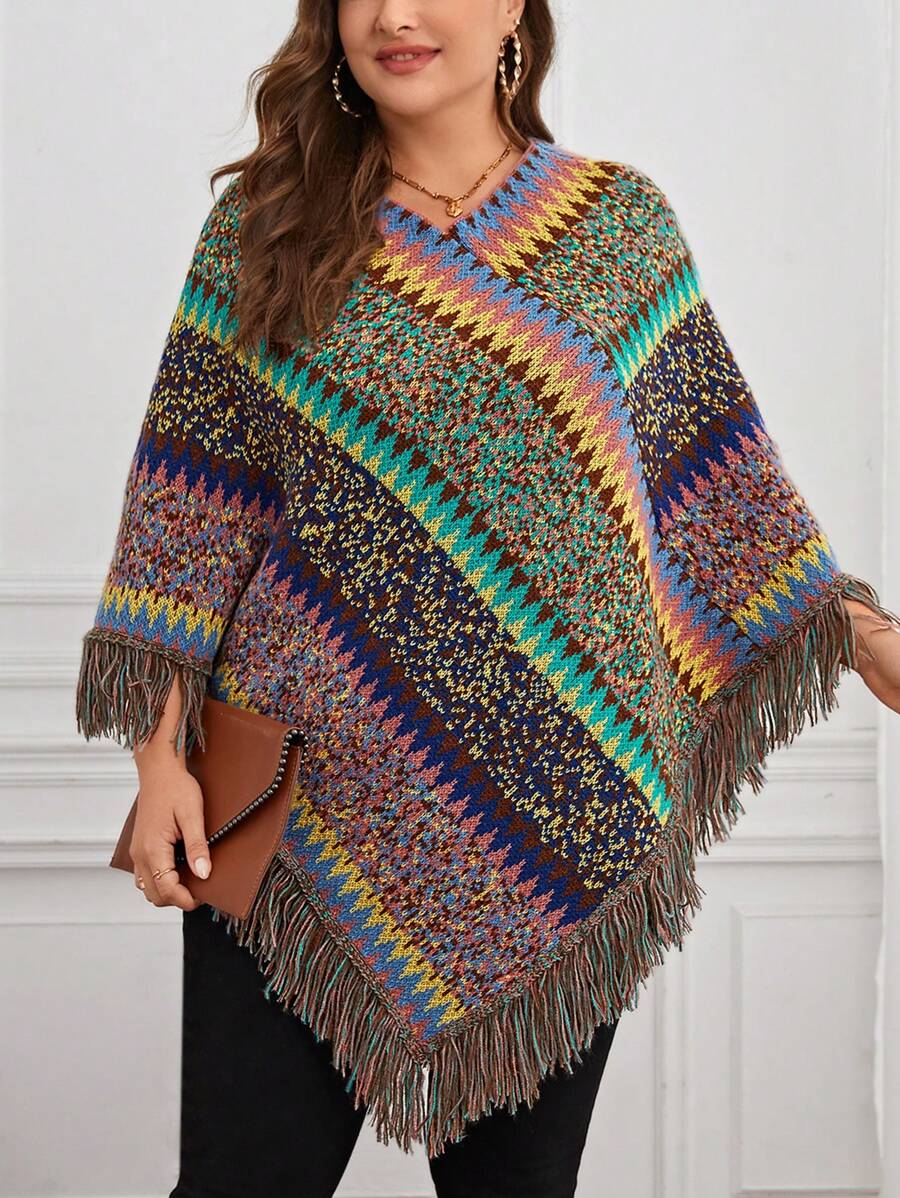 SHEIN LUNE 大碼段染流蘇邊斗篷毛衣