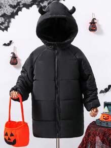 SHEIN Tween Girl Raglan Sleeve Hooded Padded Coat - Black - View 1