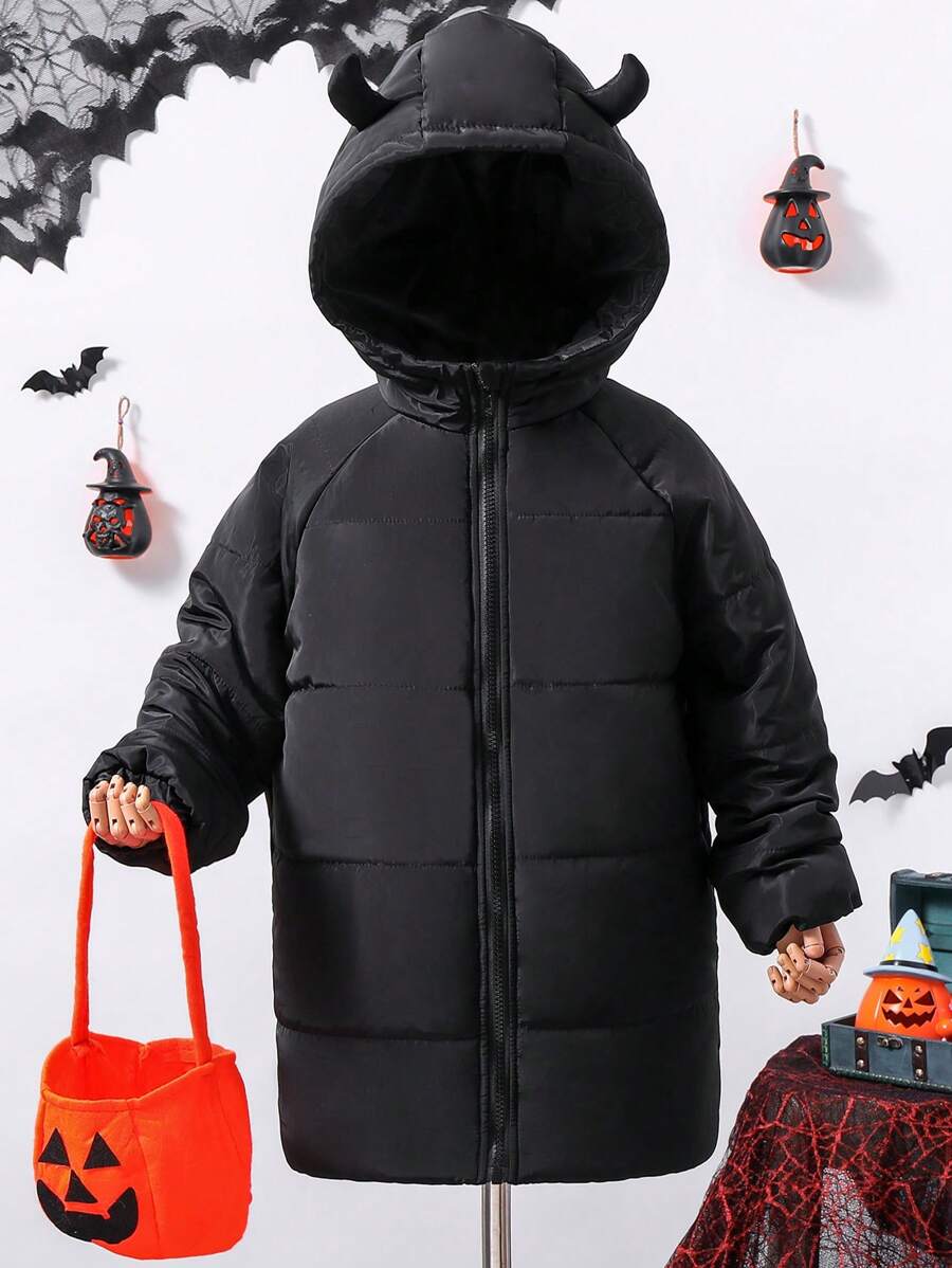SHEIN Tween Girl Raglan Sleeve Hooded Padded Coat - Black - View 1
