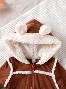 Baby Girl Contrast Binding Zipper Front 3D Ears Design Hooded Teddy Lined Zip Up Dual Pocket Jumpsuit - Brown - View 7