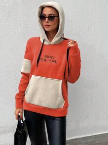 EURMUSE Letter Graphic Colorblock Kangaroo Pocket Drop Shoulder Drawstring Hoodie - Orange - View 6