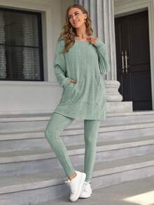 SHEIN Essnce Drop Shoulder Split Hem Tee & Leggings - Mint Green - View 3
