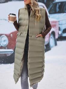 SHEIN LUNE Abrigo largo sin mangas liso para el invierno, uso diario casual - Verde militar - View 4