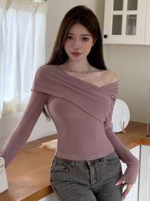 DAZY Áo thun dài tay dáng suông Bardot xếp ly, thích hợp mặc đi chơi mùa thu cho nữ. - Màu tím - Xem 6