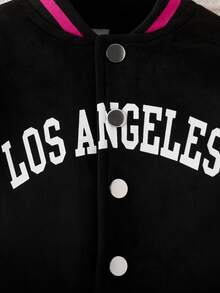 女嬰字母圖案條紋鑲邊拼色校隊夾克（不帶T恤） - 黑色 - 查看 4