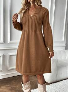 SHEIN LUNE Đồ đan Ribbed Tay áo lồng đèn Đầm Áo len - màu nâu - Xem 4