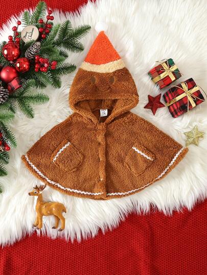 SHEIN Baby Boy Contrast Trim Hooded Teddy Cape Coat