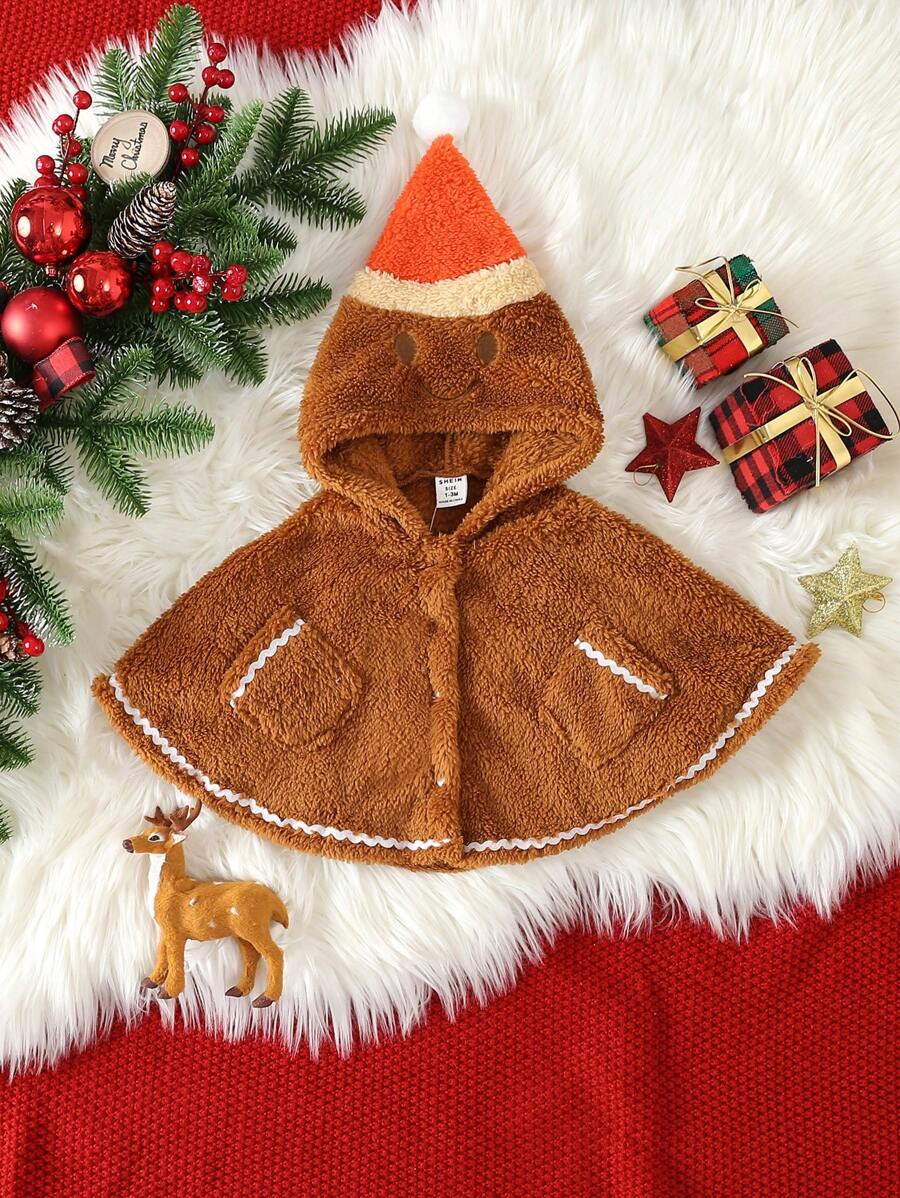 SHEIN Baby Boy Contrast Trim Hooded Teddy Cape Coat