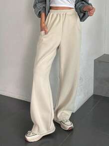 DAZY 纯色斜口袋阔腿运动裤，女式秋季慢跑裤 - 杏色 - 查看 5