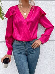 SHEIN Clasi Floral Jacquard Ruffle Trim Surplice Neck Blouse - Hot Pink - View 3