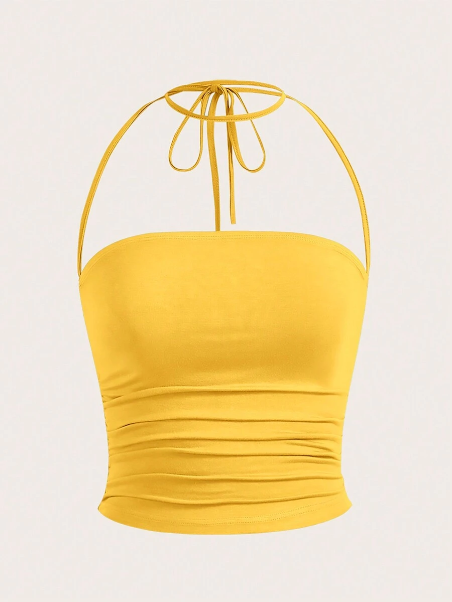 SHEIN Qutie Solid Ruched Halter Top - Yellow - View 1