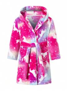 Albornoz con capucha de franela para niña joven, con mangas largas y estampado de dibujos animados, adecuado para usar después del baño, ropa de casa y para dormir, en otoño/invierno - Rojo - Ver 1
