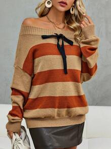 SHEIN LUNE Color Block Off Shoulder Knot Front Drop Shoulder Sweater