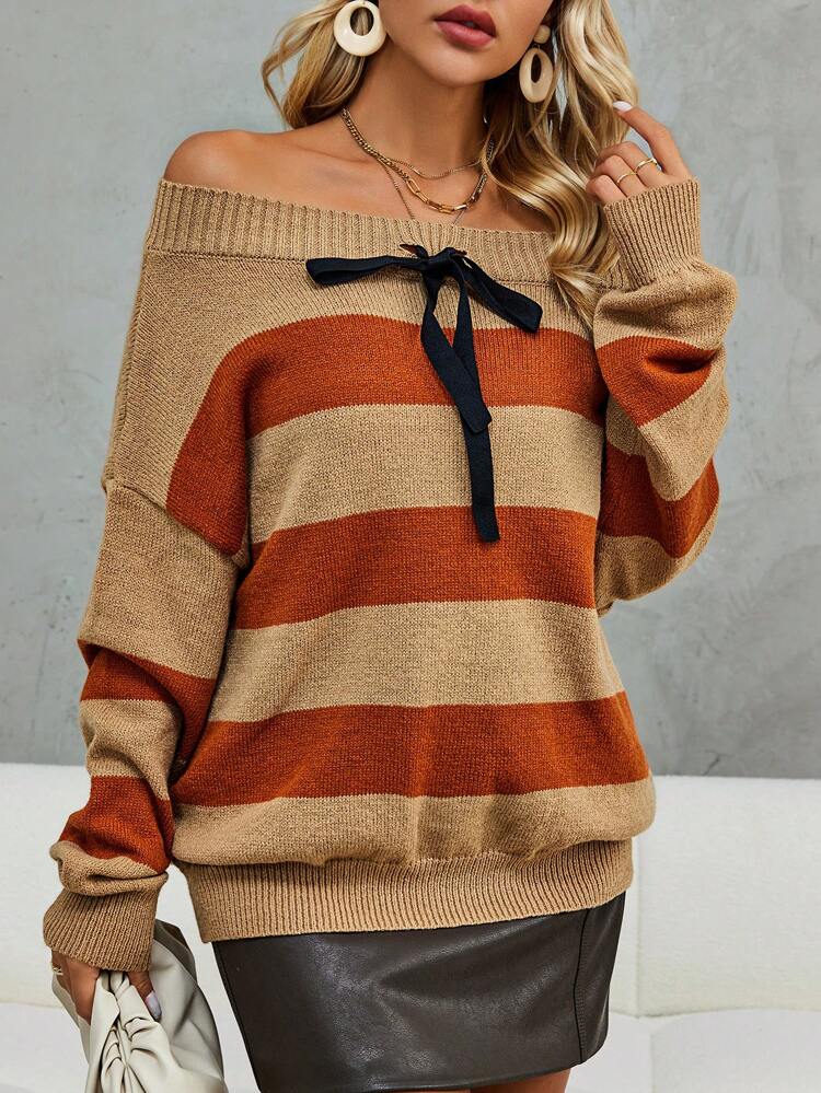 Color Block Off Shoulder Knot Front Drop Shoulder Knit Pullover Fall Winter Sweater