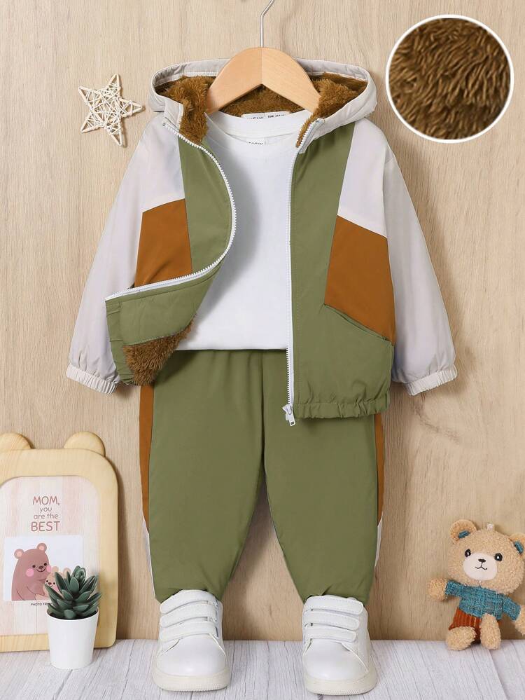 Baby Boy Colorblock Zip Up Hooded Jacket & Pants Without Tee