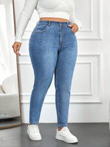 SHEIN Cottnline Plus Zipper Fly Skinny Jeans - Medium Wash - View 5