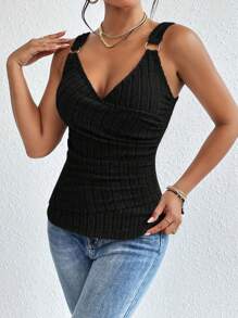 SHEIN Essnce 純色圓環細節吊帶上衣 - 黑色 - 查看 5