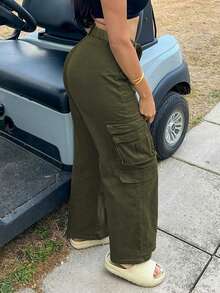 Solid Flap Pocket Cargo Pants - Army Green - View 2