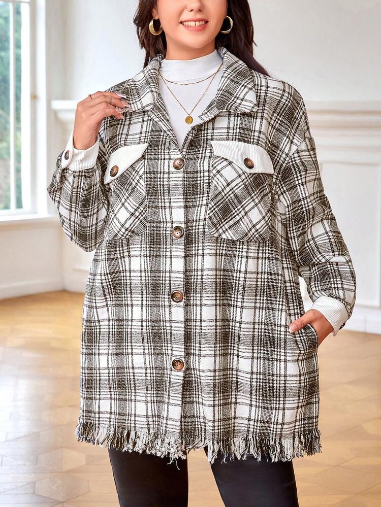 Plus Plaid Print Drop Shoulder Raw Cut Overcoat Without Belt