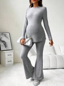 SHEIN Maternity Ribbed Knit Split Hem Tee & Adjustable Waist Flare Leg Pants - Grey - View 6