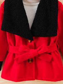 SHEIN 女小童1入組拼接羊絨領口腰帶花呢外套適用於聖誕 - 紅色 - 查看 3