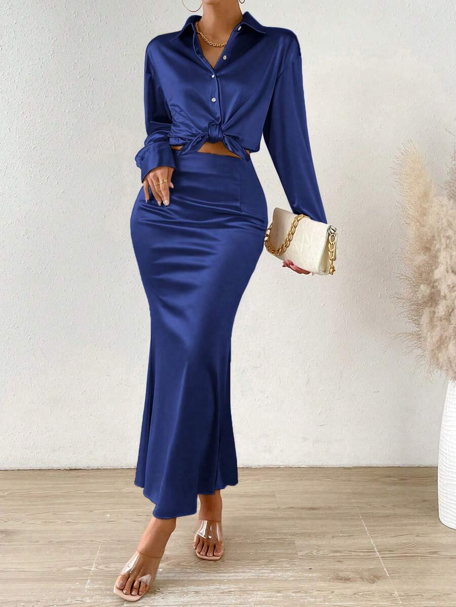 Chiquease Solid Button Front Shirt & Mermaid Hem Skirt - Royal Blue - View 1