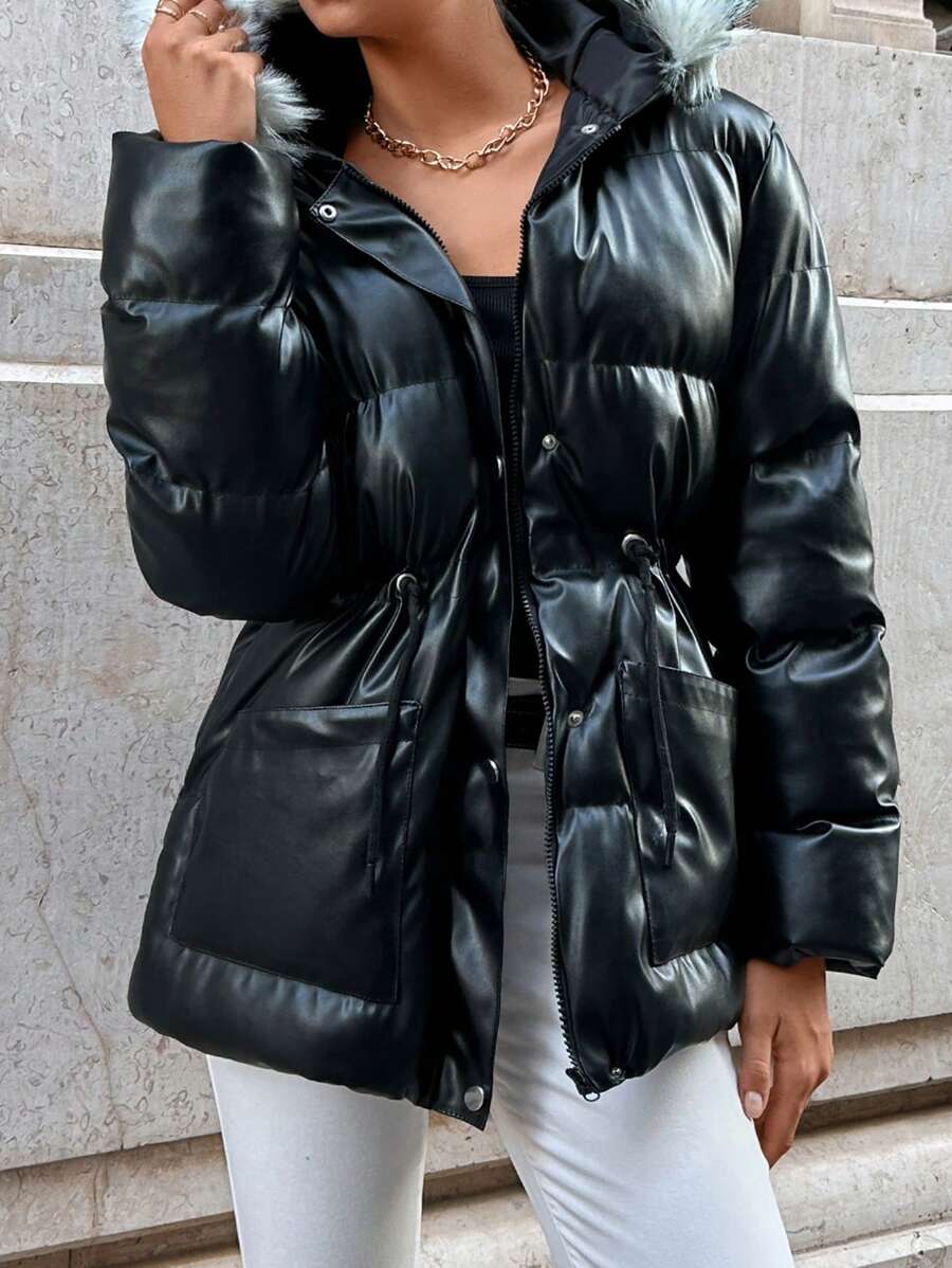 EURMUSE Drawstring Waist Fuzzy Trim Hooded Puffer Coat - Black - View 1