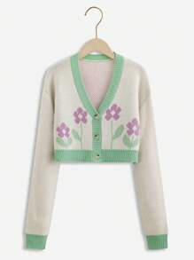 Teen Girl Floral Pattern Drop Shoulder Cardigan