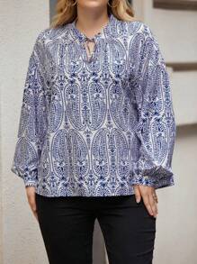 Flirla Plus Allover Print Tie Neck Lantern Sleeve Blouse