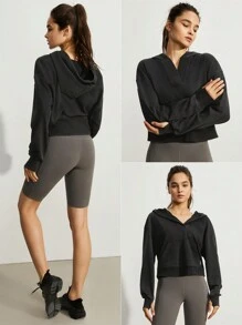 GLOWMODE Washed French Terry Retro Kangaroo Pocket Hoodie With Thumbhole - Dark Grey - View 7