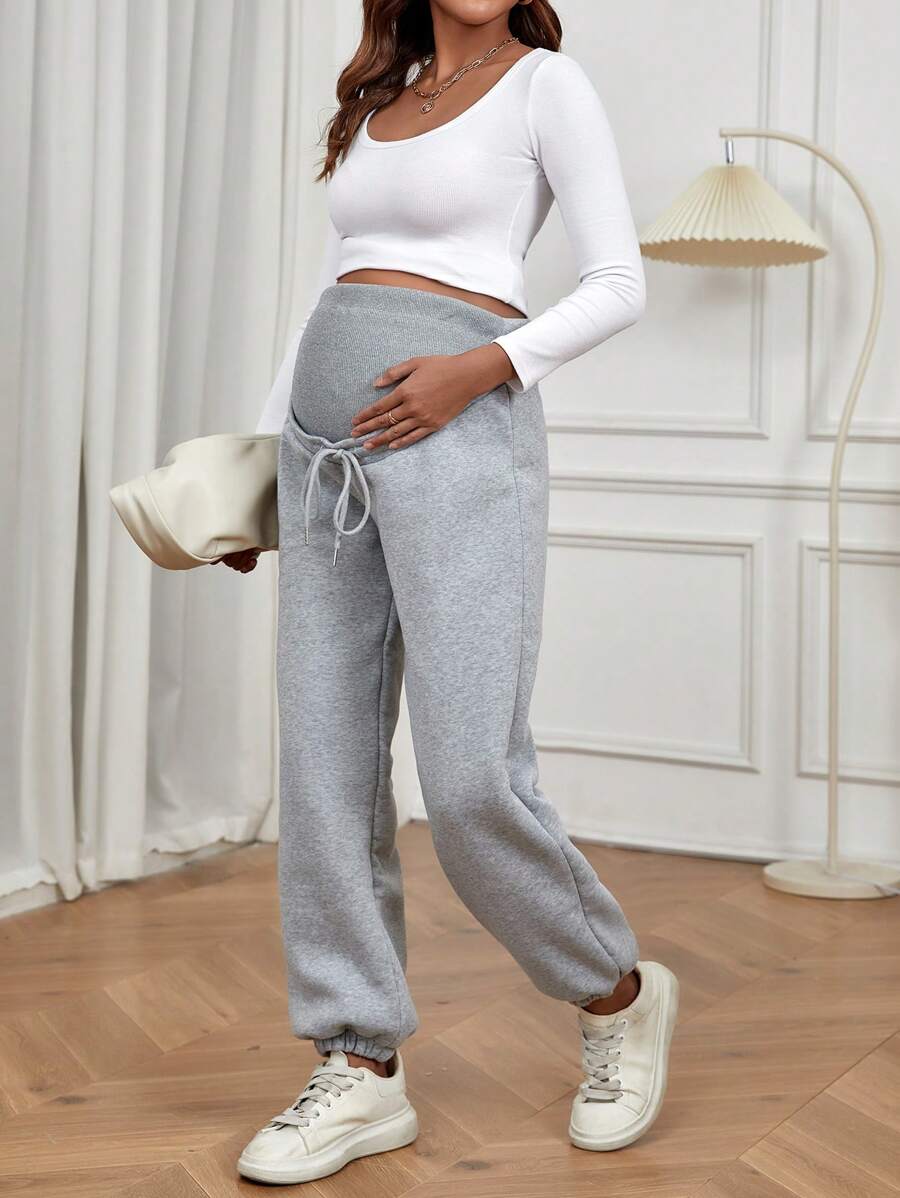 SHEIN Maternity Adjustable Waist Knot Front Pants - Light Grey - View 1