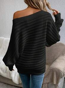 EMERY ROSE Asymmetrical Neck Batwing Sleeve Sweater,Ladies Spring/Fall Casual Asymmetrical Long Sleeve Regular Fit Black Batwing Sleeve Pullovers Women Sweaters,Long Sleeve Tops,Off The Shoulder Sweater - Black - View 2